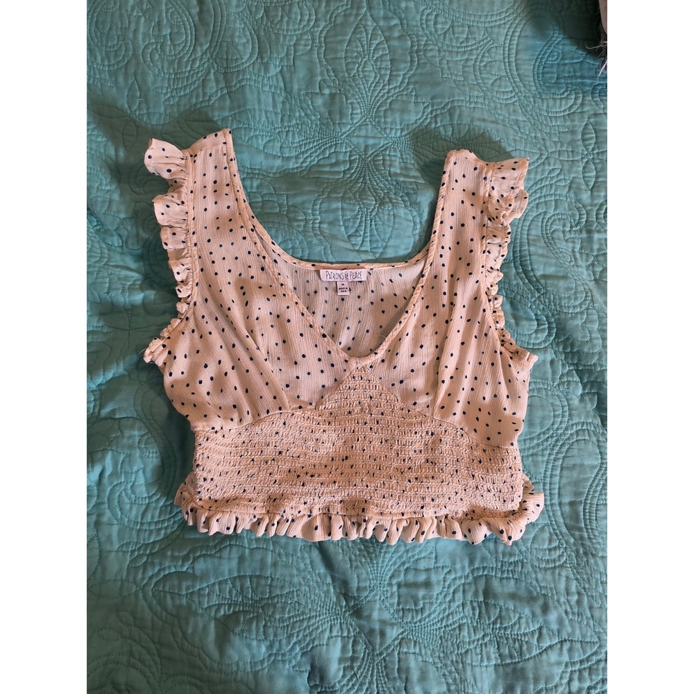 Patrons of Peace Polka Dot Smocked Crop Top Cream Navy Blue Ruffle Boho Medium